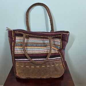 Toni Boho Woven Textile Suede Leather Trim Tote Shoulder Bag Multi-Color Large